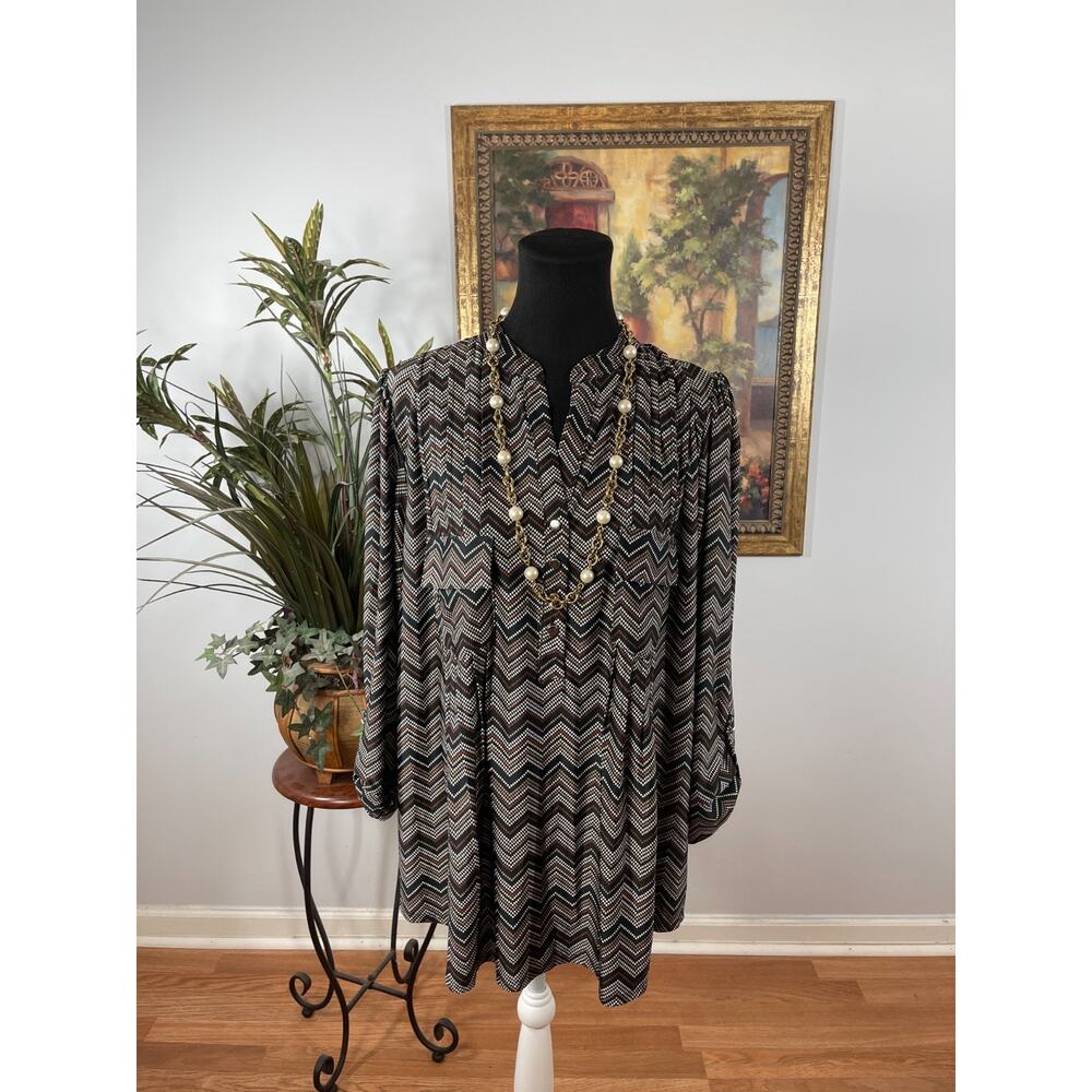 Cocomo Tunic Top Womens 3X Brown Chevron Pleated Pocket Modest Aesthetic Earthy